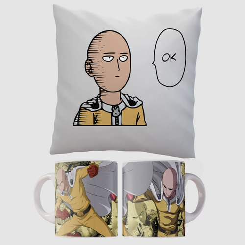 Almohadón 40x40 Y Taza Saitama One Punch Man Anime 