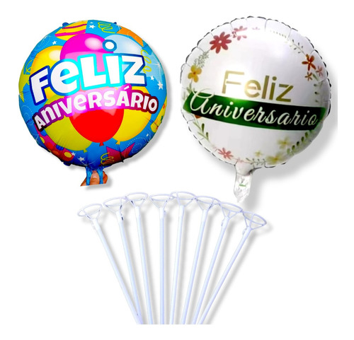 Pack 12 Globos Feliz Aniversario Tamaño 45 Cm Con Varas 