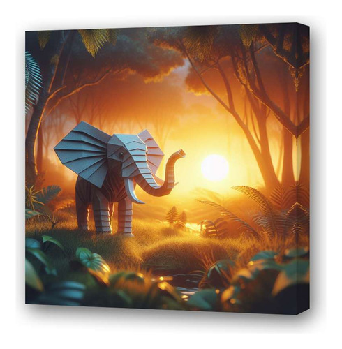 Cuadro 30x30cm Elefante Origami Atardecer En La Selva