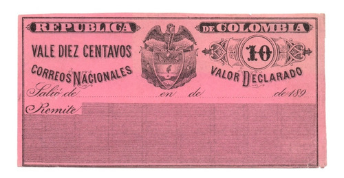 Vale 10 Centavos Colombia 1892 Cubierta De Valor Declarado | MercadoLibre