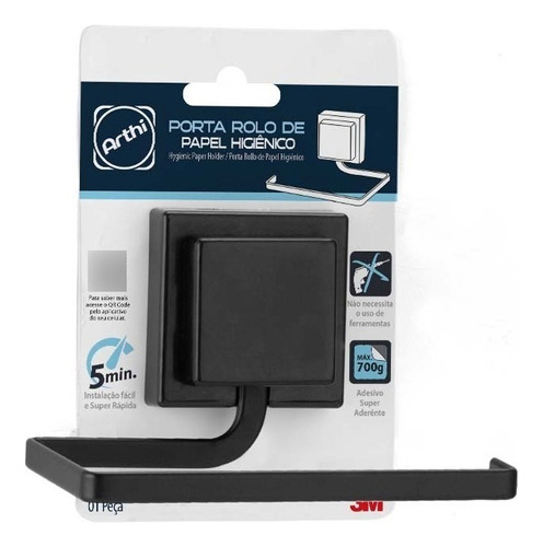 Porta Papel Higiênico Papeleira Fixação 3m Black Arthi 2569 Cor Preto