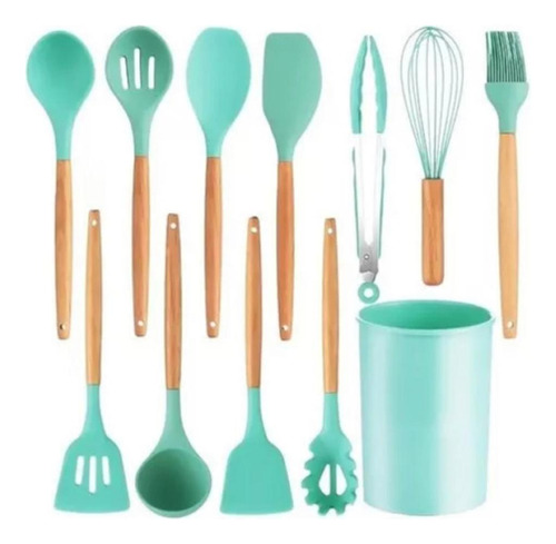 Kit Utensílios Cozinha Talher Silicone 12 Peças Cabo Madeira Cor Verde