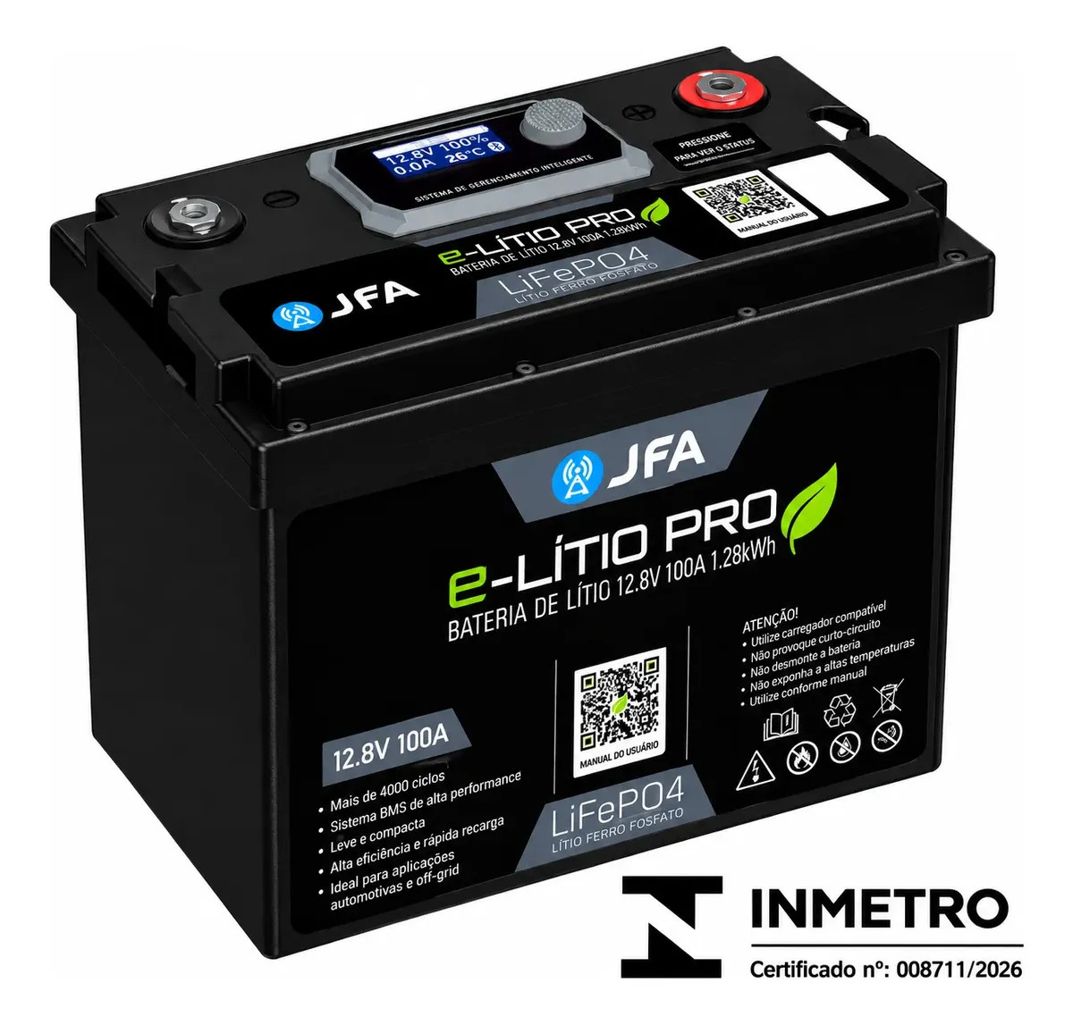 Bateria Solar JFA E-Lítio Pro LiFePO4 12V 100Ah com Bluetooth e BMS