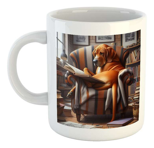 Taza Ceramica Perro Orejon Leyendo Un Libro Sillon