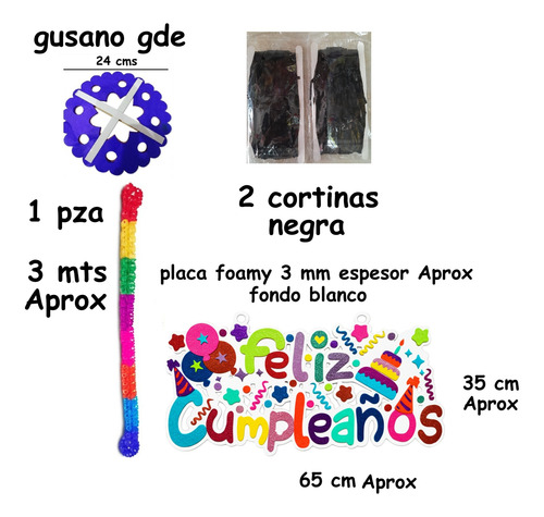 Decoracion Letrero Cumpleaños Bco + Gusano + Cortinas Color Negra