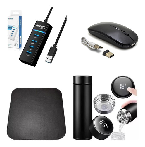 Mouse  Hub Porta Usb  Kit Mousepad Mais Garrafinha Térmica  