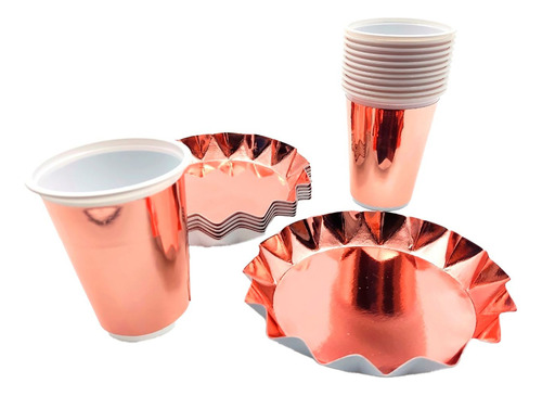 Kit Vasos Y Platos Estrella Oro Rosa Metalizado X10 Personas