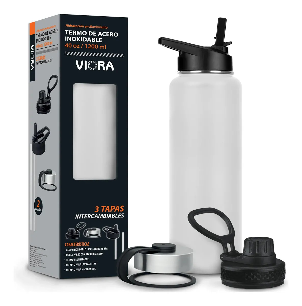 Viora Termo Acero Inoxidable 40 Oz (1200 ml) Botella Térmica Doble Pared Aislante, Resistente, Con 3 Tapas Intercambiables Para Bebidas Frías y Calientes, Ideal Para Uso Diario (Blanco)