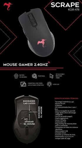 Imagen 7 de 8 de Mouse Inalambrico Gamer Dragon Scrape Usb Recargable Pc