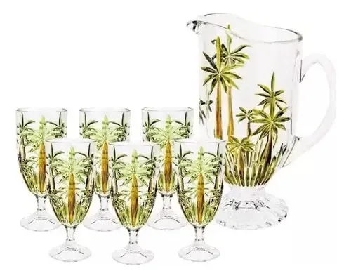 Conjunto Jarra E 6 Taças Palm Tree Cristal Wolff - Color Cor Verde