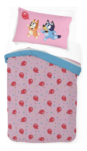Juego Cama Individual Edredon 2 Vistas Sabanas Bluey 5pz Rosa Bluey