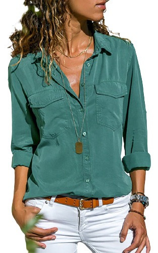 Camisa Casual Para Mujer Camisa De Solapa De Color Sólido