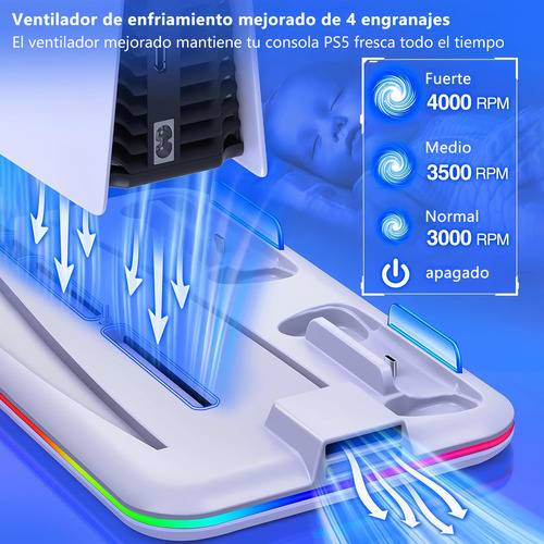 Base de carga Gllai Cooling para mandos de Ps5 con iluminación RGB y ventilador de refrigeración interno compatible con Ps5 y Ps5 Slim White