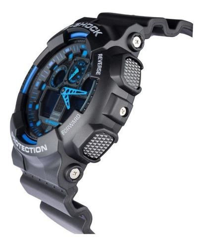 Imagen 2 de 3 de Reloj de pulsera Casio G-Shock GA-100 de cuerpo color negro, analógico-digital, para hombre, fondo negro, con correa de resina color negro, agujas color azul, dial negro y azul, subesferas color negro, gris y azul, minutero/segundero azul, bisel color negro y azul y hebilla doble