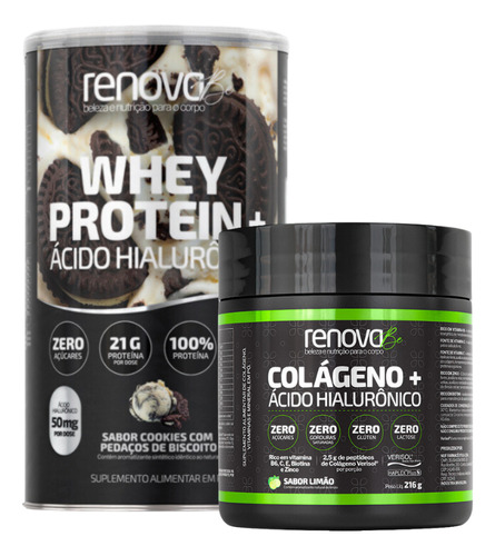 Colágeno Verisol Ácido Hialurônico + Whey Protein Renova Be Sabor 1 Whey Cookies + 1 Limão