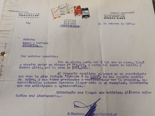 Cigarrillos Particulares Antigua Nota De 1944 (Usado)