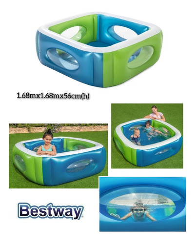 Piscina Inflable Cuadrada C/ Ventanas P/ Niños 1.6x1.6mx56cm