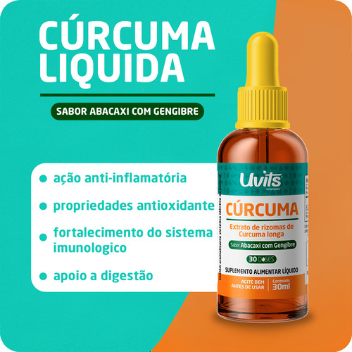 Curcuma Longa Pura Liquida 30ml Sabor Abacaxi Com Gengibre - Uvits
