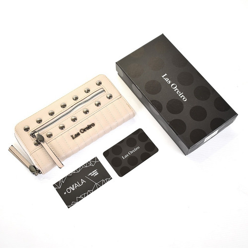 Imagen 6 de 8 de Billetera Las Oreiro Simil Cuero Fichero Cierre Tachas Beige