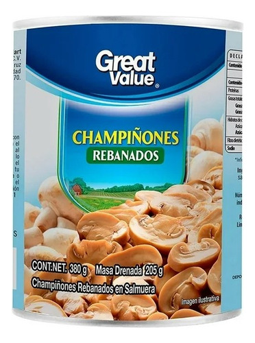 5 Pzas Champiñones Great Value Rebanados En Salmuera 380 G