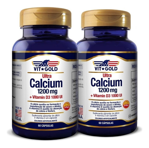Ultra Cálcio 1200mg Vitamina D3 1000ui Vitgold Kit2x 60 Cáps