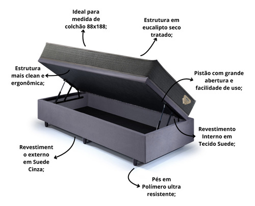 Box Baú Solteiro Suede Cinza 88x188 + Colchão Adapto Ecoflex