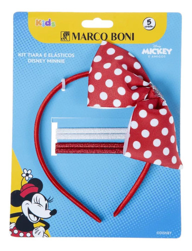 Kit 1 Tiara E 4 Elásticos De Cabelo Disney Minnie Marco Boni Cor Vermelho e Branco