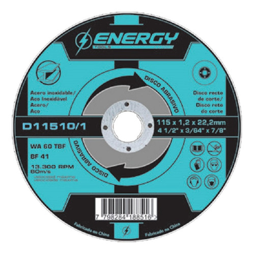 Disco Corte Acero Inox. 4 1/2'' 1.0mm 25uni Energy Ferreplus
