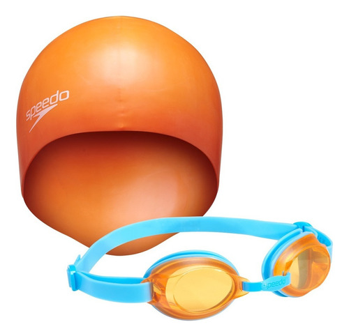 Kit De Natación Speedo Goggles Con Uv + Gorra Para Niños Color Naranja