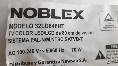 Botonera, Receptor Ir Tv Led Noblex 32ld846ht (Usado)