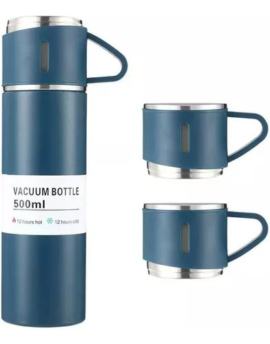 Garrafa Térmica 500ml Com Kit 3 Xícara Café Chá Revomax Cor Azul