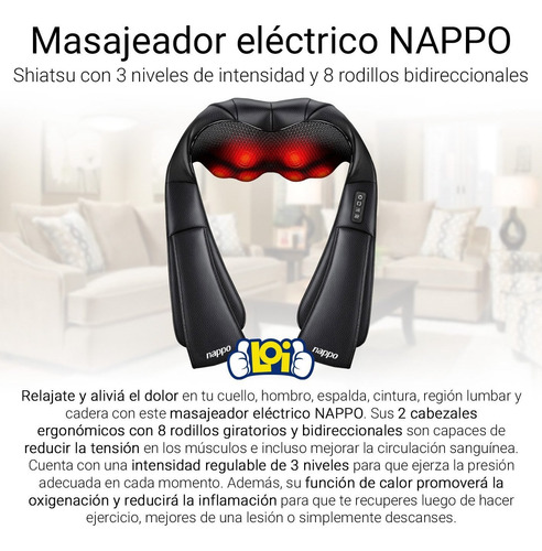 Imagen 8 de 11 de Masajeador Eléctrico Nappo Shiatsu 8 Rodillos Giratorios Loi