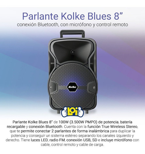 Parlante A Batería Kolke Blues 8' 100w Rms Bluetooth Mic Loi