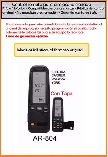 Control Remoto Aire Acondicionado Para Electra York Daewoo