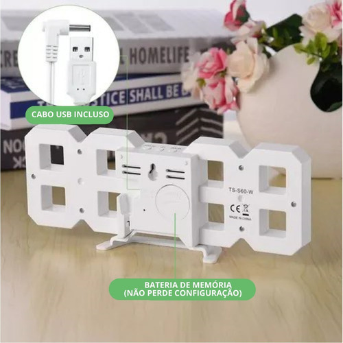 Reloj LED digital de escritorio y pared con alarma de fecha, color blanco/blanco
