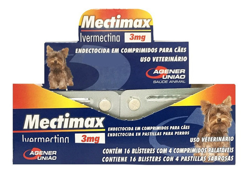 Mectimax 3mg Ivermectina 4Comp Carrapatos, Vermes, Sarna e pulgas