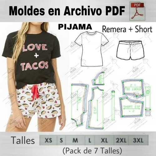 Moldes Patrones Imprimibles Pijama Camiseta Short Xs Al 3xl