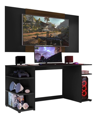 Mesa Gamer C/painel E Suporte Tv 55 Guilda Multimóveis Pt/md Cor Preto/Madeirado