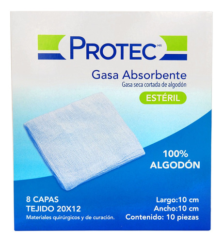 Gasa Absorbente Estéril Protec Algodón 10cm X 10cm Caja 10pz