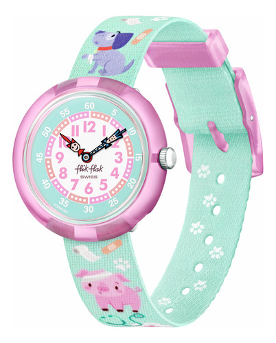 Reloj Flik Flak My Spirit Animal Zfbnp222 Correa Verde Bisel Rosa Fondo Rosa