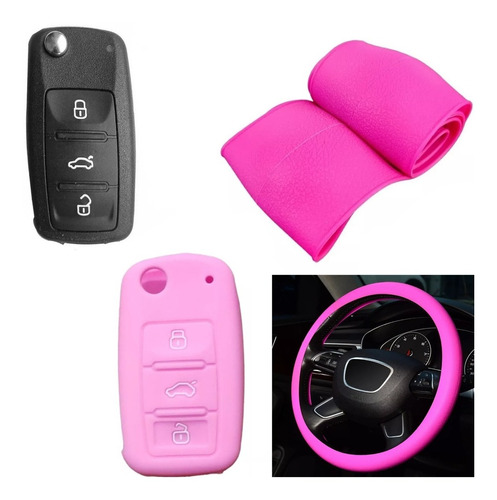 Cubre Volante + Funda Llave Silicona Vw Amarok Vento Rosa