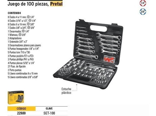Juego Kit 100 Piezas Tubos Llaves Accesorios Pretul 22980
