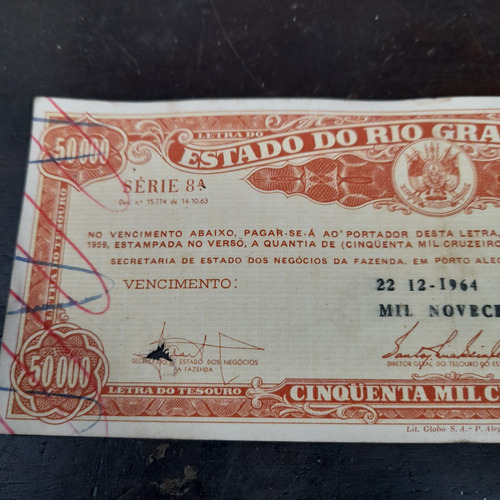 Cédula 50.000 Rio Grande Do Sul 1959 Paga Antiga Particular
