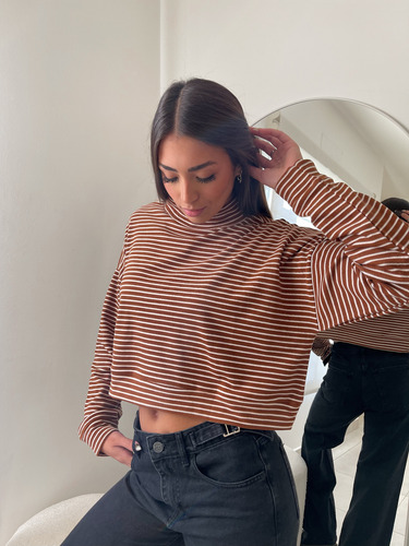 Sweater Mujer Media Polera De Termopolar Rayada