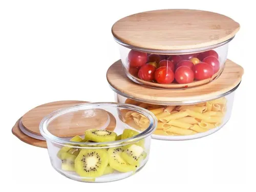 Set De 3 Recipientes Hermeticos De Vidrio Con Tapa Bambu