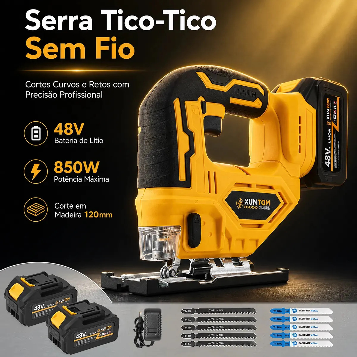 Serra Tico-Tico XUMTOM 48V 850W Sem Fio Kit 2 Baterias 10 Lâminas Corte Curvo Reto Madeira Metal Alumínio Aço 45°