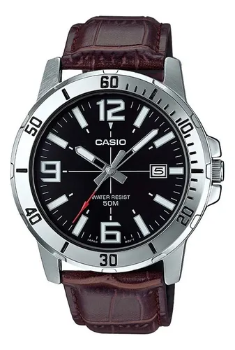 comprar Reloj Pulsera Casio Mtp-vd01l-2bvdf Con Correa De Cuero Color Marrón - Fondo Negro - Bisel Plateado