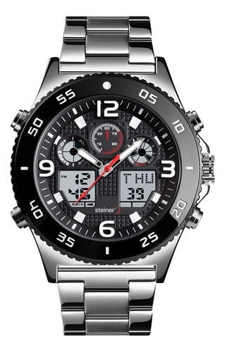 Reloj De Hombre Análogo/digital Steiner Bisel Giratorio Inox Correa Plateado Bisel Negro Fondo Negro