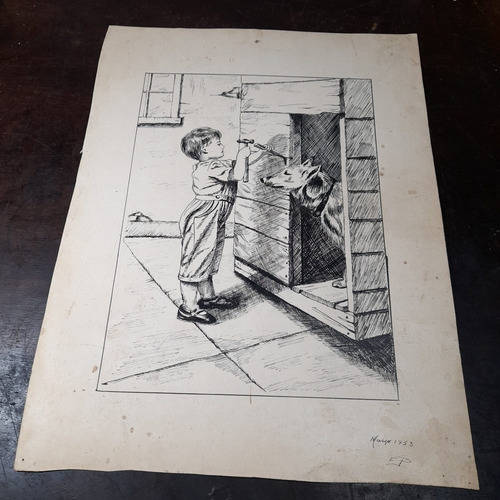Imagem 2 de 7 de Pintura Desenho Bico De Pena Nanquim Datado 1953 Antigo