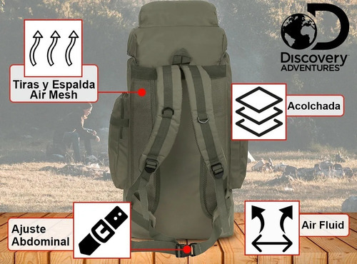 Mochila Mochilero 60+5 Lts Discovery Adventure Camping Viaje Color Verde